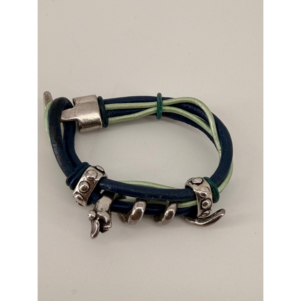 Navy Blue Sage Green Leather Multi Strand Snake Toggle Bracelet Silver Tone